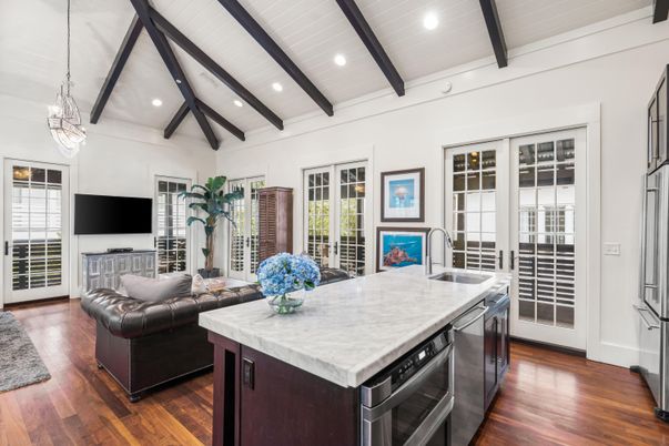 Interior, Kitchen, Living room, Pendant Lights, Recessed Lighting, Stainless Steel Appliances, Wooden Beams, Wood Texture Flooring