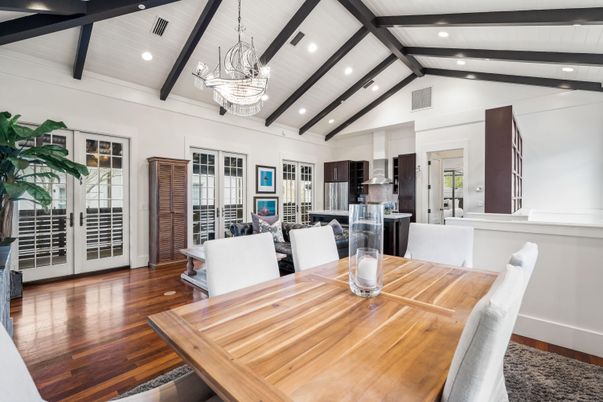 Chandelier, Dining room, Interior, Kitchen, Recessed Lighting, Wooden Beams, Wood Texture Flooring