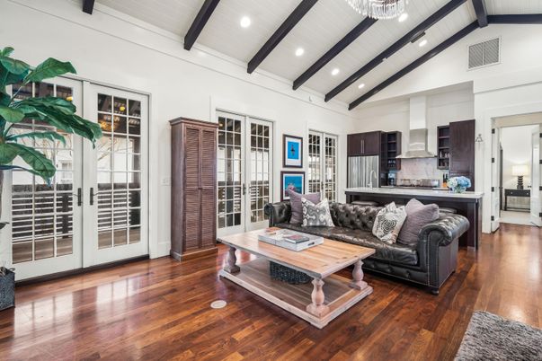 Interior, Kitchen, Living room, Recessed Lighting, Stainless Steel Appliances, Wooden Beams, Wood Texture Flooring