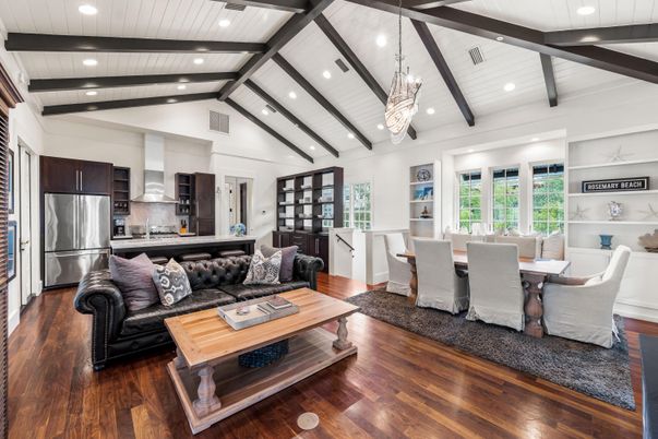 Dining room, Interior, Kitchen, Living room, Pendant Lights, Recessed Lighting, Stainless Steel Appliances, Wooden Beams, Wood Texture Flooring