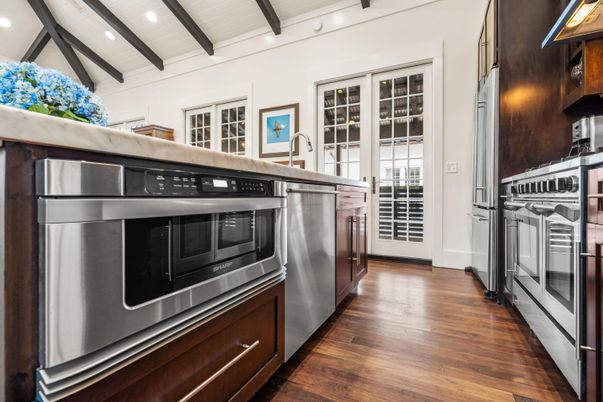 Interior, Kitchen, Stainless Steel Appliances, Wooden Beams, Wood Texture Flooring