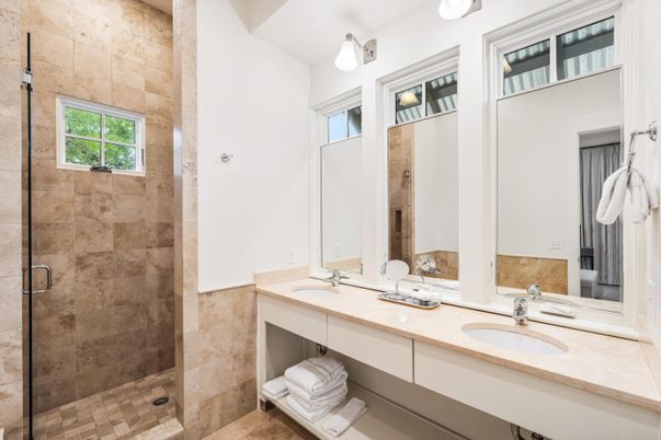 Bathroom, Dual Sink Vanities, Glass Shower, Interior, Stone Walls