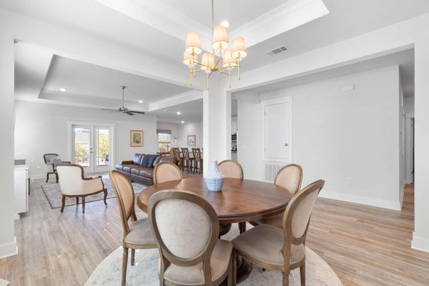 Chandelier, Dining room, Interior, Living room, Recessed Lighting, Wood Texture Flooring