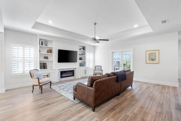 Fireplace, Interior, Living room, Recessed Lighting, Wood Texture Flooring