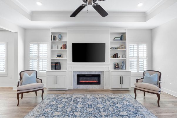 Fireplace, Interior, Recessed Lighting, Wood Texture Flooring