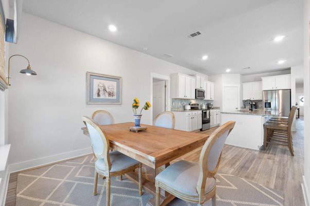 Dining room, Interior, Kitchen, Recessed Lighting, Stainless Steel Appliances, Wood Texture Flooring