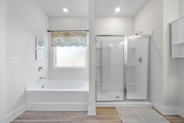 Bathroom, Glass Shower, Interior, Recessed Lighting, Wood Texture Flooring