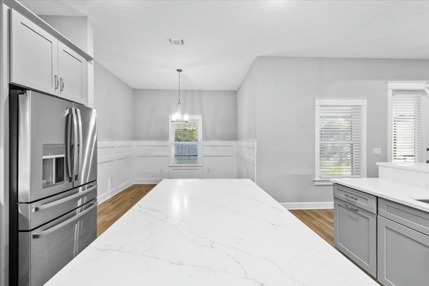 Interior, Kitchen, Pendant Lights, Stainless Steel Appliances, Wood Texture Flooring