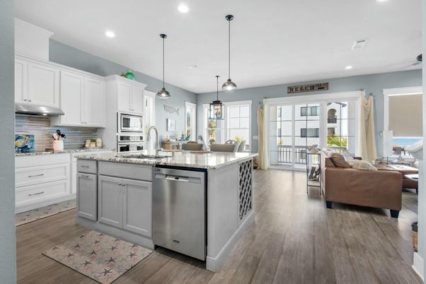 Interior, Kitchen, Living room, Pendant Lights, Recessed Lighting, Stainless Steel Appliances, Wood Texture Flooring