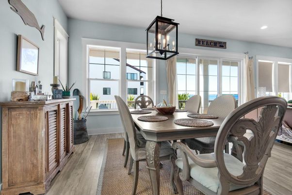 Dining room, Interior, Pendant Lights, Recessed Lighting, Wood Texture Flooring