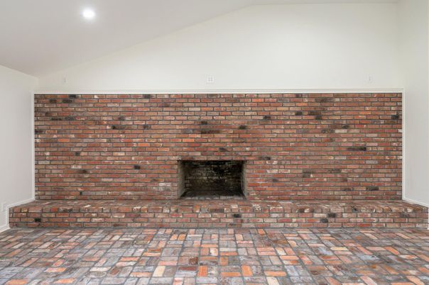 Empty room, Fireplace, Interior, Recessed Lighting, Stone Walls