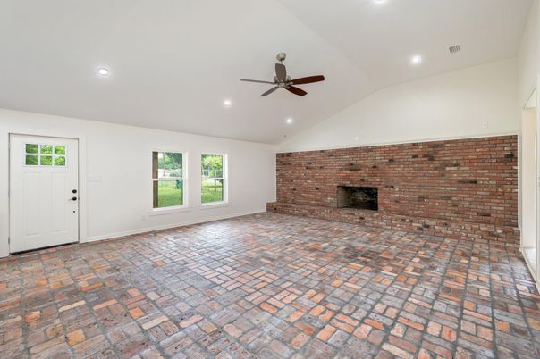 Empty room, Fireplace, Interior, Recessed Lighting, Stone Walls