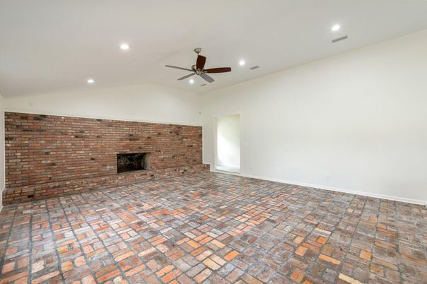 Empty room, Fireplace, Interior, Recessed Lighting, Stone Walls
