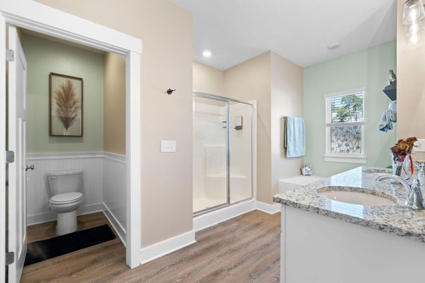 Bathroom, Glass Shower, Interior, Recessed Lighting, Wood Texture Flooring
