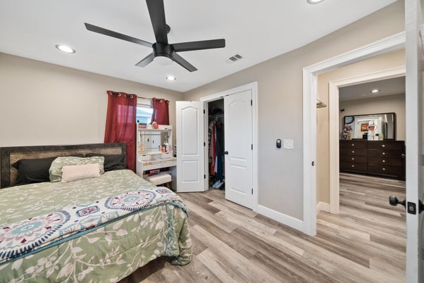 Bedroom, Interior, Recessed Lighting, Wood Texture Flooring