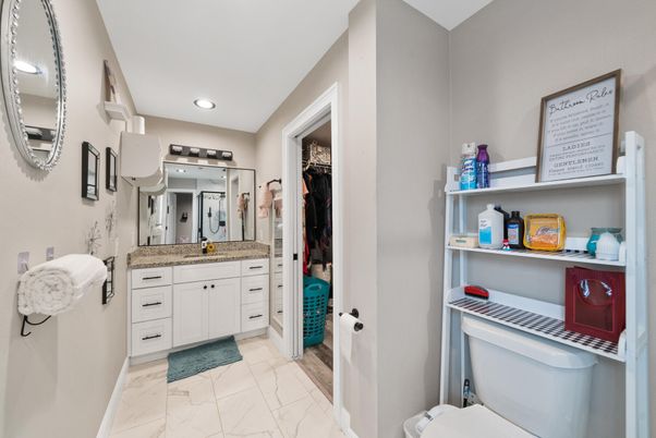 Bathroom, Dual Sink Vanities, Interior, Marble, Recessed Lighting