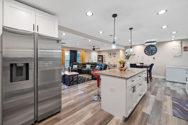 Dining room, Interior, Kitchen, Living room, Pendant Lights, Recessed Lighting, Stainless Steel Appliances, Wood Texture Flooring
