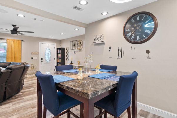 Dining room, Interior, Recessed Lighting, Wood Texture Flooring