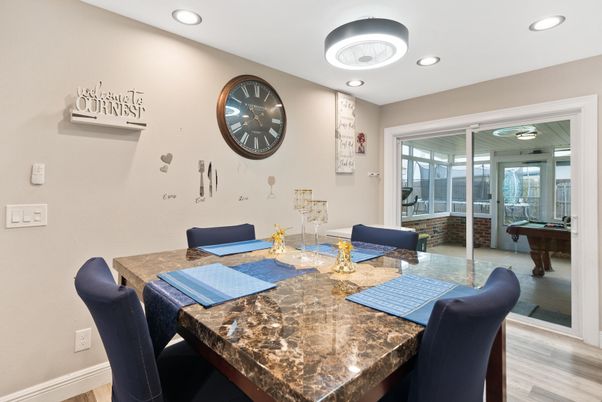 Billiard Table, Dining room, Game Room, Interior, Recessed Lighting, Wood Texture Flooring
