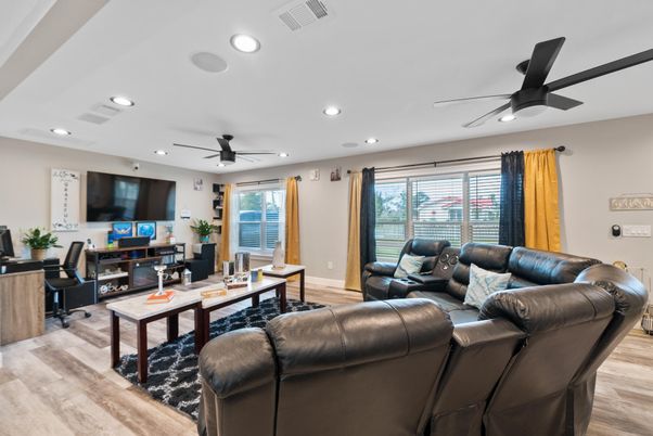 Home Office, Interior, Living room, Recessed Lighting, Wood Texture Flooring