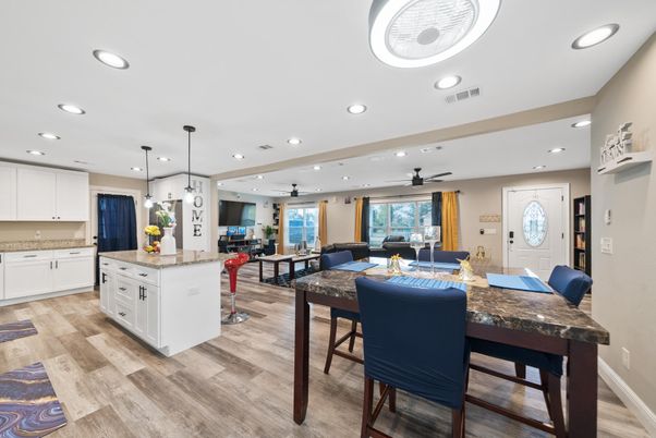Dining room, Interior, Kitchen, Pendant Lights, Recessed Lighting, Wood Texture Flooring