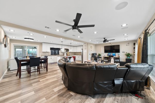 Dining room, Interior, Kitchen, Living room, Pendant Lights, Recessed Lighting, Wood Texture Flooring