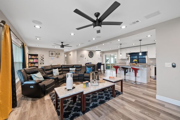 Dining room, Interior, Kitchen, Living room, Pendant Lights, Recessed Lighting, Wood Texture Flooring