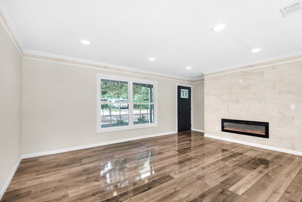 Empty room, Fireplace, Interior, Recessed Lighting, Wood Texture Flooring