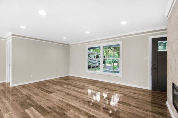 Empty room, Fireplace, Interior, Recessed Lighting, Wood Texture Flooring