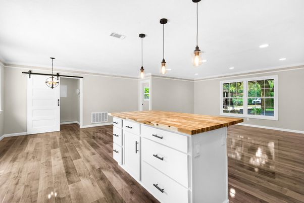 Interior, Kitchen, Pendant Lights, Recessed Lighting, Wood Texture Flooring