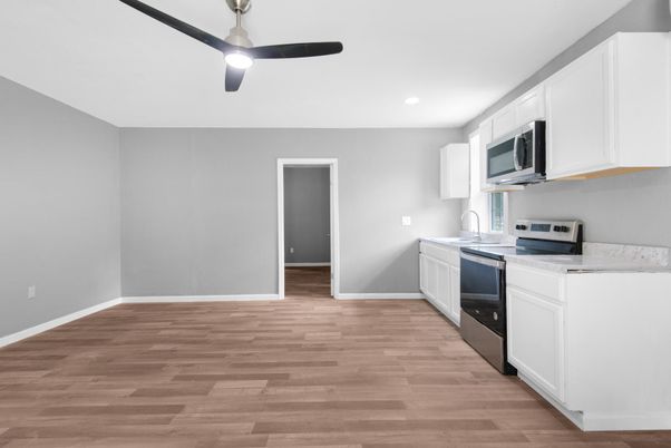 Interior, Kitchen, Recessed Lighting, Wood Texture Flooring