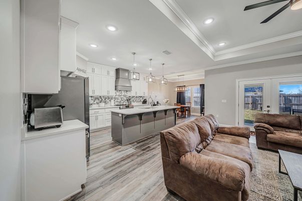 Interior, Kitchen, Living room, Pendant Lights, Recessed Lighting, Wood Texture Flooring