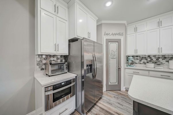 Interior, Kitchen, Recessed Lighting, Stainless Steel Appliances, Wood Texture Flooring