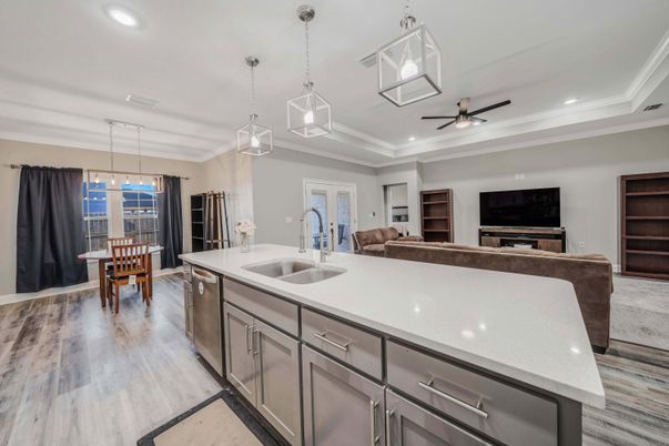 Dining room, Interior, Kitchen, Pendant Lights, Recessed Lighting, Wood Texture Flooring