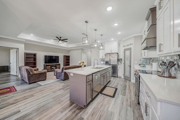 Interior, Kitchen, Living room, Pendant Lights, Recessed Lighting, Wood Texture Flooring