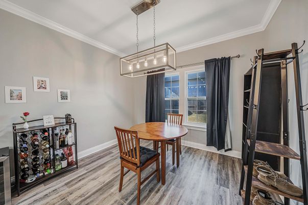Dining room, Interior, Pendant Lights, Wood Texture Flooring