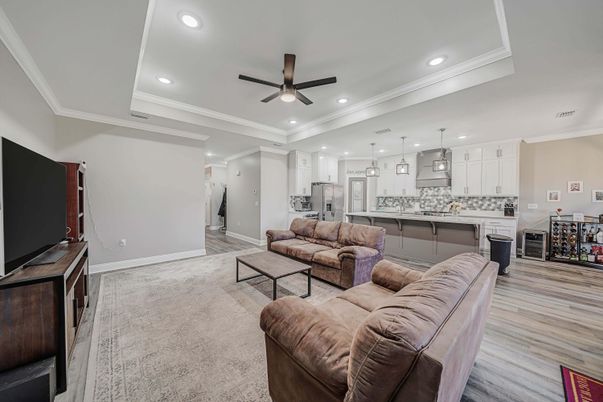 Interior, Kitchen, Living room, Pendant Lights, Recessed Lighting, Wood Texture Flooring