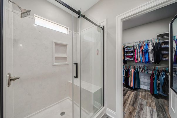 Bathroom, Glass Shower, Interior, Walk-in Closets, Wood Texture Flooring