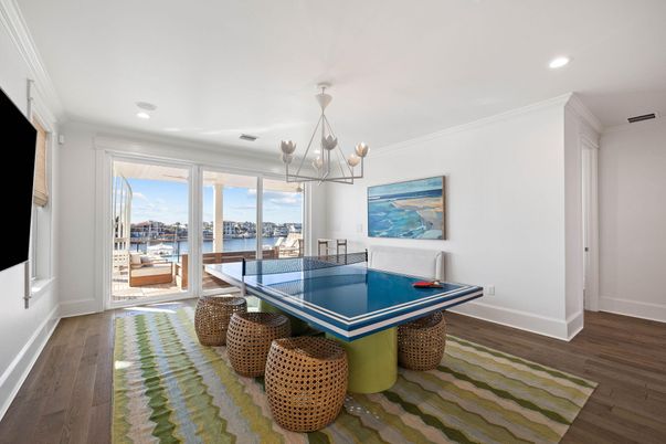 Billiard Table, Chandelier, Game Room, Interior, Pendant Lights, Recessed Lighting, Water, Wood Texture Flooring