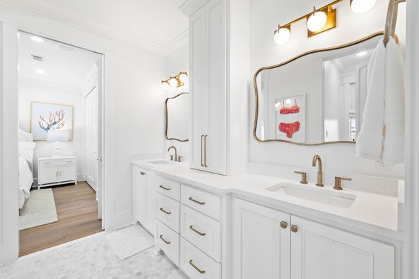 Bathroom, Bedroom, Dual Sink Vanities, Interior, Recessed Lighting, Wood Texture Flooring