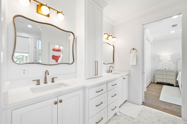 Bathroom, Dual Sink Vanities, Interior, Recessed Lighting, Wood Texture Flooring