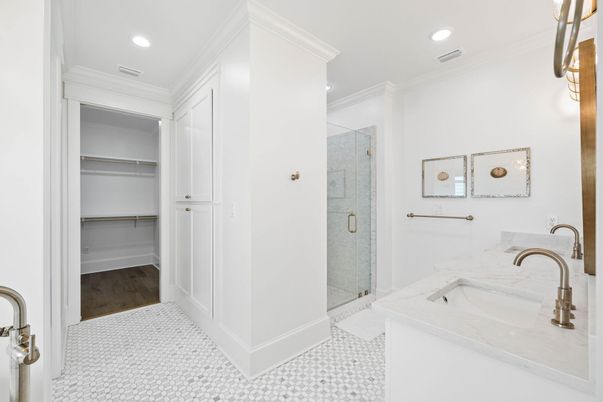 Bathroom, Dual Sink Vanities, Glass Shower, Interior, Recessed Lighting, Wood Texture Flooring