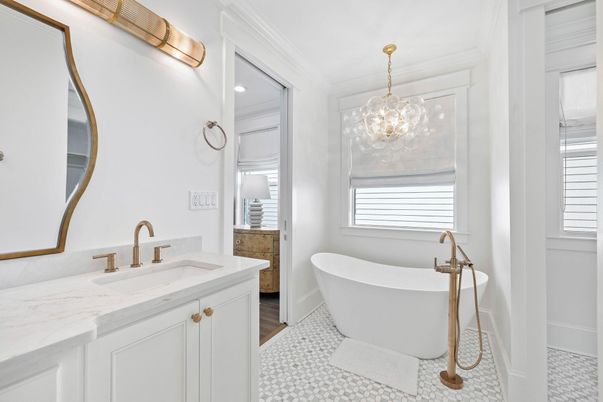 Bathroom, Dual Sink Vanities, Free Standing Baths, Interior, Pendant Lights, Recessed Lighting, Wood Texture Flooring