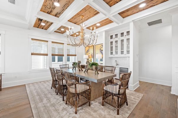 Chandelier, Dining room, Interior, Recessed Lighting, Wooden Beams, Wooden Ceilings, Wood Texture Flooring