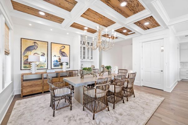 Chandelier, Dining room, Interior, Recessed Lighting, Wood Texture Flooring
