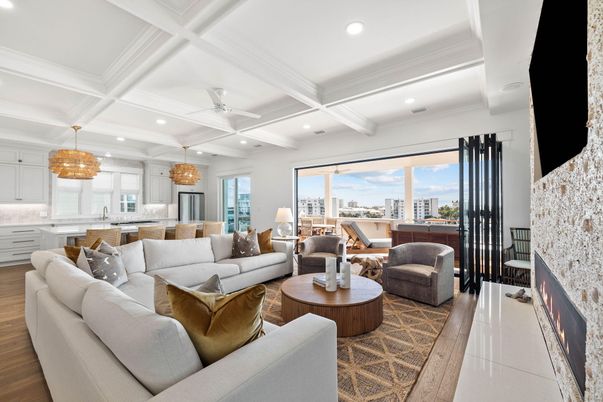 Chandelier, Fireplace, Interior, Kitchen, Living room, Pendant Lights, Recessed Lighting, Wood Texture Flooring