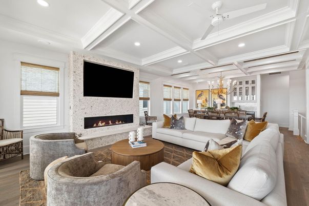 Chandelier, Dining room, Fireplace, Interior, Living room, Recessed Lighting, Wood Texture Flooring