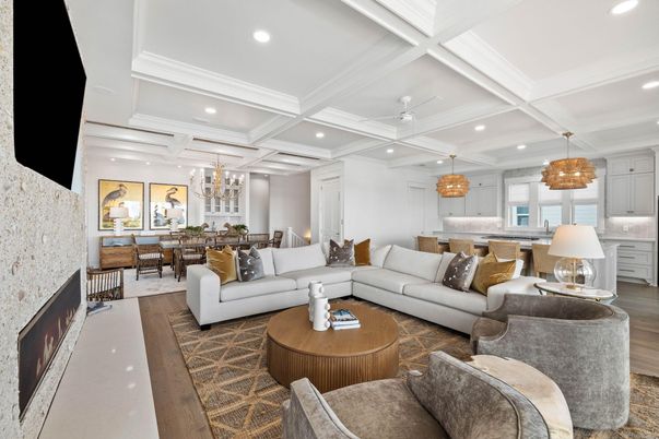 Chandelier, Dining room, Interior, Kitchen, Living room, Pendant Lights, Recessed Lighting, Wood Texture Flooring