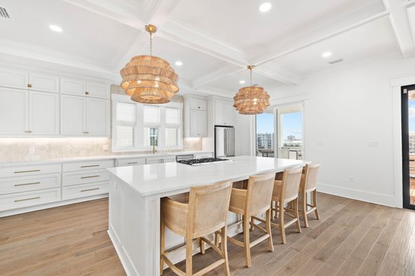 Chandelier, Interior, Kitchen, Pendant Lights, Recessed Lighting, Stainless Steel Appliances, Wood Texture Flooring