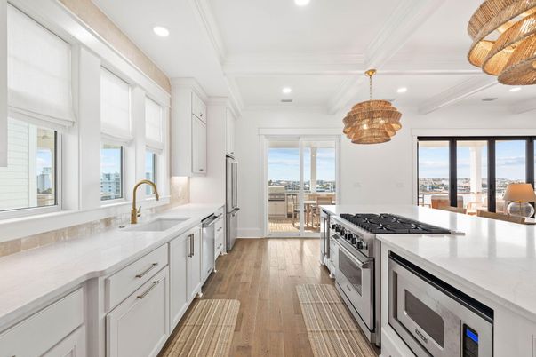 Chandelier, Interior, Kitchen, Recessed Lighting, Stainless Steel Appliances, Wood Texture Flooring